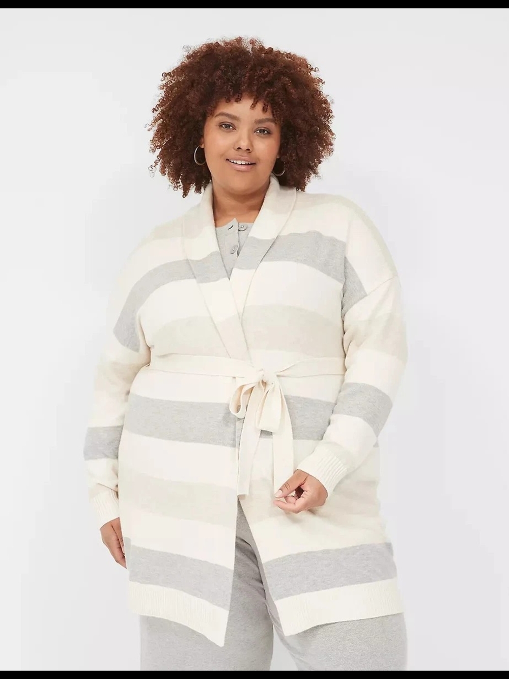 Lane Bryant Cozy Cream & Light Gray Striped Belted Cardigan Sweater